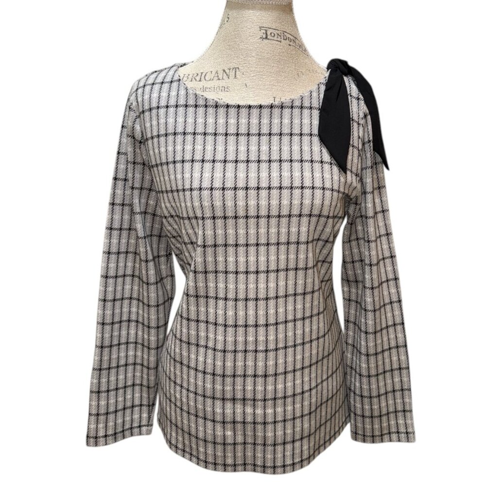 Talbots Gray & Black Long Sleeve Plaid Knit Pullover Top w/ Shoulder Tie Large P